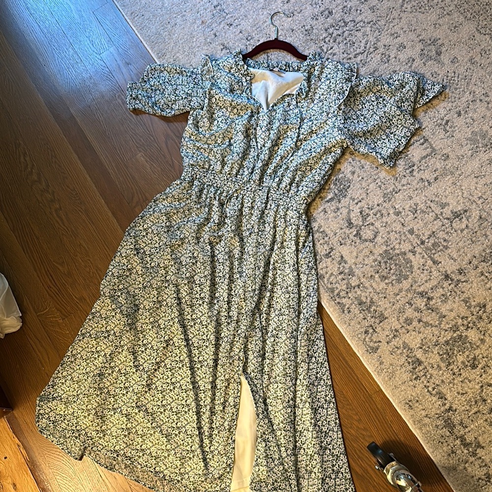 Green and White Ruffled Tie Front Sundress